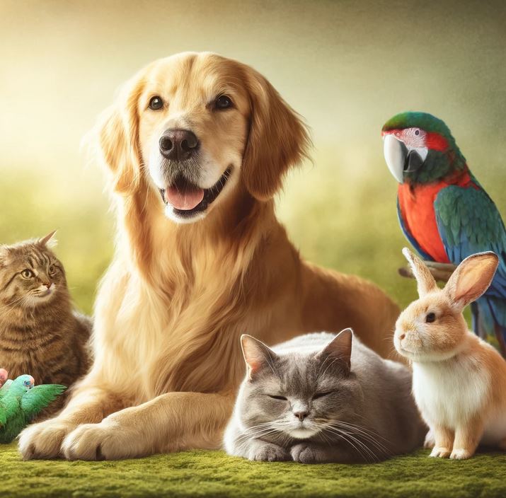 A dog, cats, rabbit and parrot